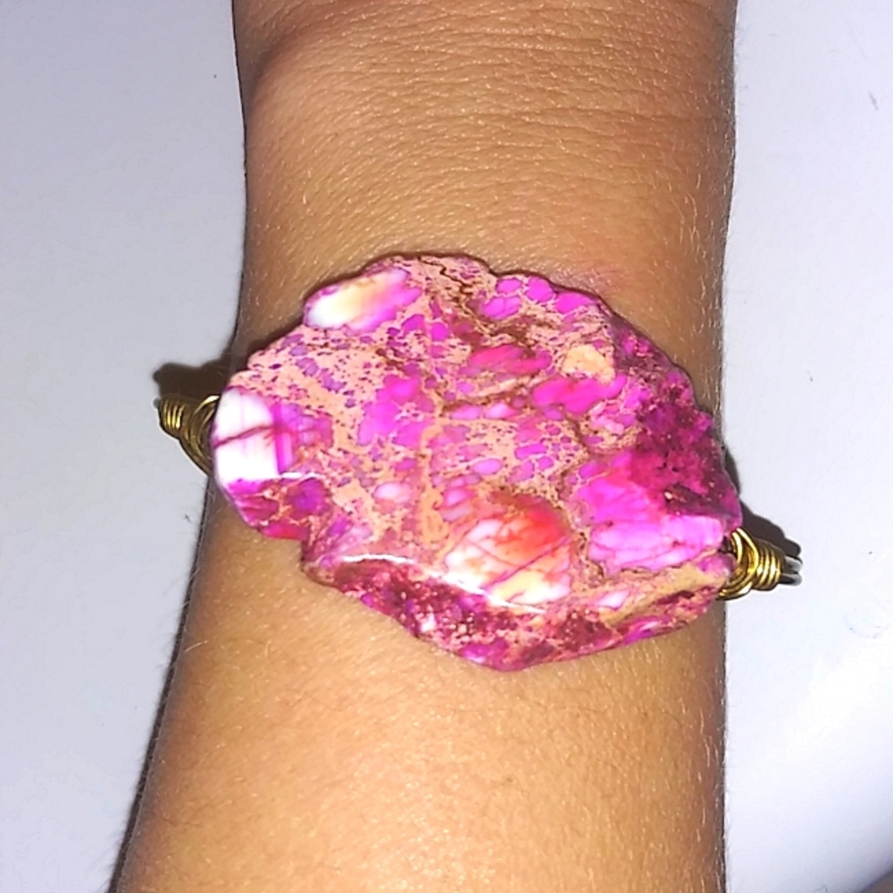 Handmade Wire Wrapped Pink and Gold Stone Bracelet